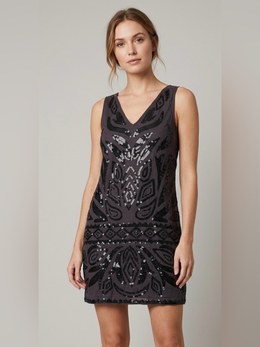 Calypso St. Barth Sequin V-Neck Shift Mini Dress Charcoal Black Size S
